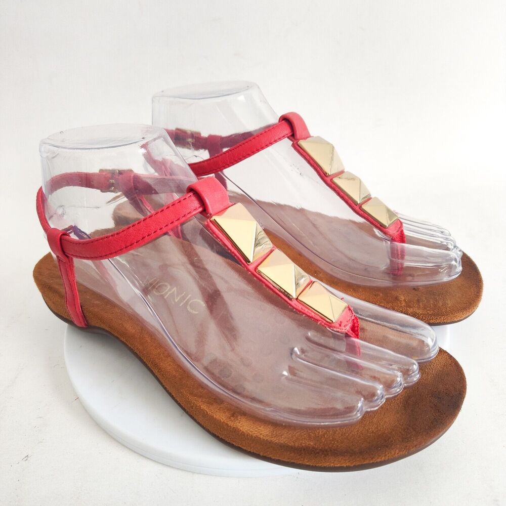Vionic Sandals 6 / 37 Red Gold Tan Studded T-Strap Slingback Thong Flat‎ Comfort